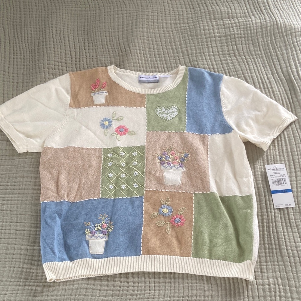 Alfred Dunner Floral Patch Sweater - Cream, Blue, Green, Tan